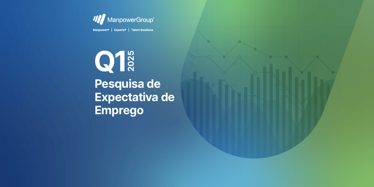 Banner promocional com gradiente de azul e verde, exibindo o logotipo da ManpowerGroup no topo e os textos: 'Q1 2025 Pesquisa de Expectativa de Emprego' em destaque. À direita, um gráfico de barras e linhas sobre um fundo transparente.