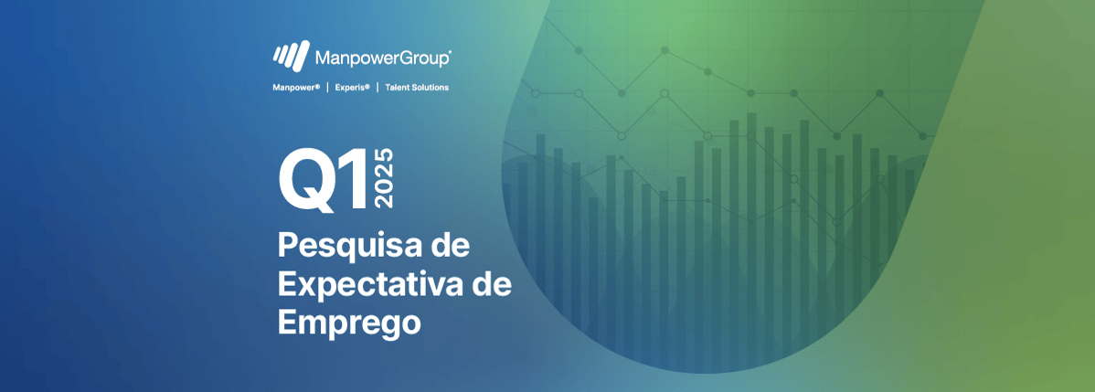 Banner promocional com gradiente de azul e verde, exibindo o logotipo da ManpowerGroup no topo e os textos: 'Q1 2025 Pesquisa de Expectativa de Emprego' em destaque. À direita, um gráfico de barras e linhas sobre um fundo transparente.