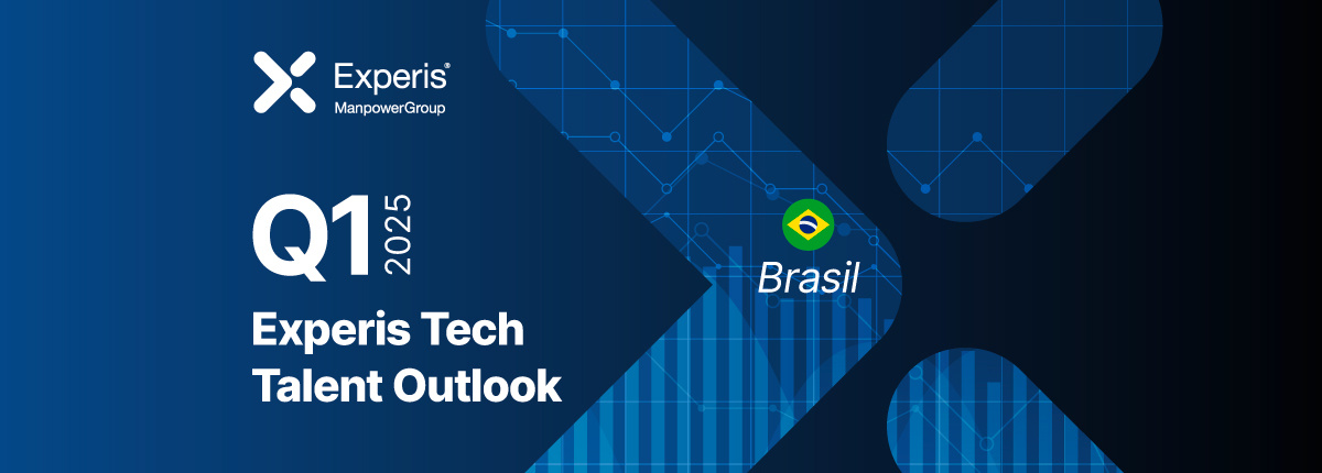 Banner digital com fundo azul escuro em tons gradientes, apresentando o relatório 'Experis Tech Talent Outlook' referente ao primeiro trimestre de 2025 (Q1 2025). O logotipo da Experis (parte do grupo ManpowerGroup) está localizado no canto superior esquerdo. À direita, há elementos gráficos com linhas e pontos conectados, remetendo a dados e tecnologia. O destaque 'Brasil' é evidenciado pela presença de uma bandeira brasileira ao lado do texto, indicando que o relatório é direcionado para o mercado brasileiro.